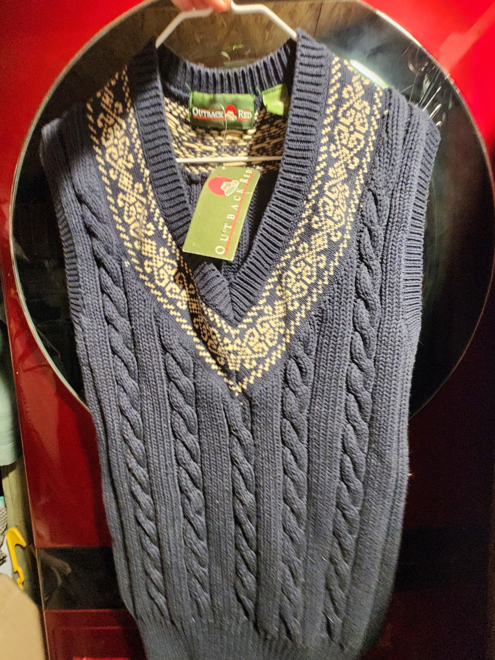 Vintage Outback Red Men’s Navy and Cream Patterned Cotton Crewneck Sweater